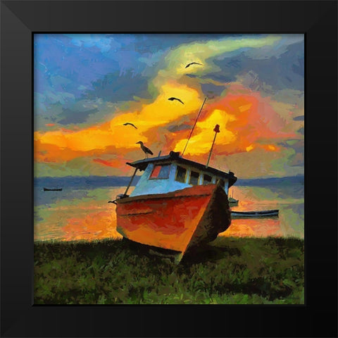 Boath with Birds Black Modern Wood Framed Art Print by Medeiros, Celito