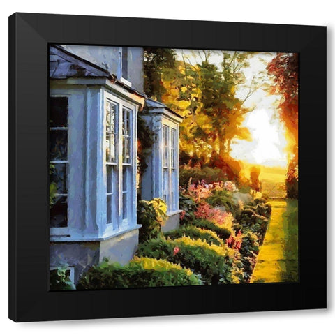 Sunrise in Garden with white House Black Modern Wood Framed Art Print by Medeiros, Celito