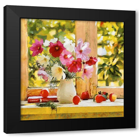 Pink Flowers by the Window Black Modern Wood Framed Art Print by Medeiros, Celito