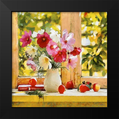 Pink Flowers by the Window Black Modern Wood Framed Art Print by Medeiros, Celito