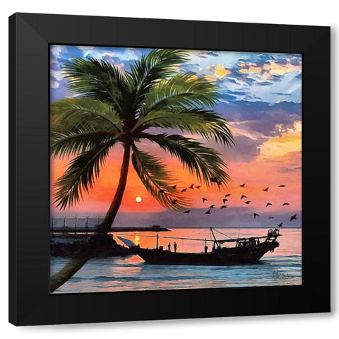 Sunset under Palm Tree Black Modern Wood Framed Art Print with Double Matting by Medeiros, Celito