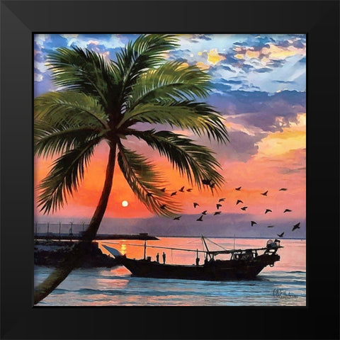 Sunset under Palm Tree Black Modern Wood Framed Art Print by Medeiros, Celito