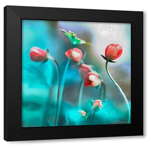 Flowers on Turquiese Background I Black Modern Wood Framed Art Print by Medeiros, Celito