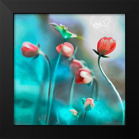 Flowers on Turquiese Background I Black Modern Wood Framed Art Print by Medeiros, Celito