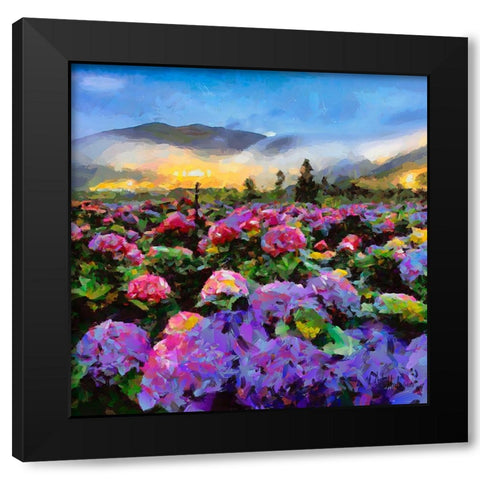 Field with pink Flowers Black Modern Wood Framed Art Print by Medeiros, Celito