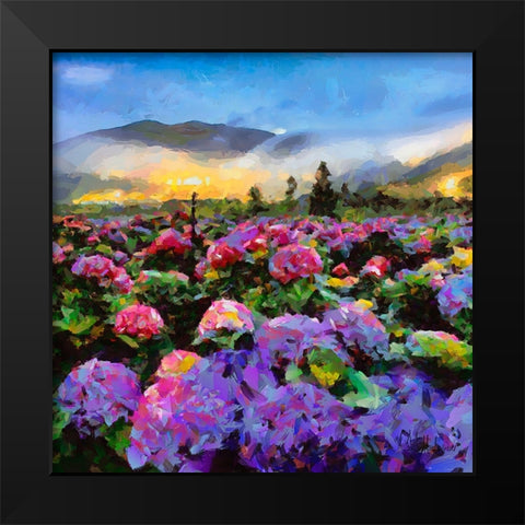 Field with pink Flowers Black Modern Wood Framed Art Print by Medeiros, Celito