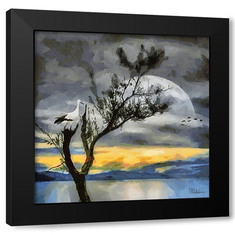 Stork on the Tree Black Modern Wood Framed Art Print by Medeiros, Celito