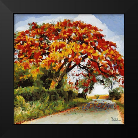 Big red Flowering Tree Black Modern Wood Framed Art Print by Medeiros, Celito