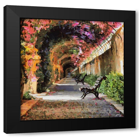 Benches under Blossoming Trees Black Modern Wood Framed Art Print by Medeiros, Celito