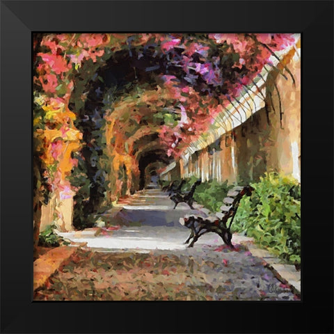 Benches under Blossoming Trees Black Modern Wood Framed Art Print by Medeiros, Celito