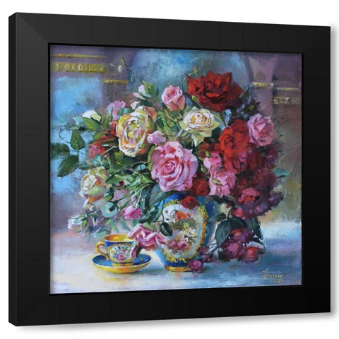 Pink Roses Black Modern Wood Framed Art Print by Rogozina, Svetlana