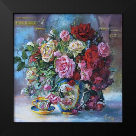 Pink Roses Black Modern Wood Framed Art Print by Rogozina, Svetlana