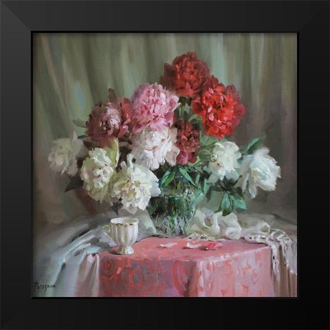 Still Life with Peonies Black Modern Wood Framed Art Print by Rogozina, Svetlana