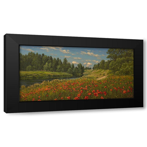 Poppies by the River Black Modern Wood Framed Art Print by Adamov, Alexey