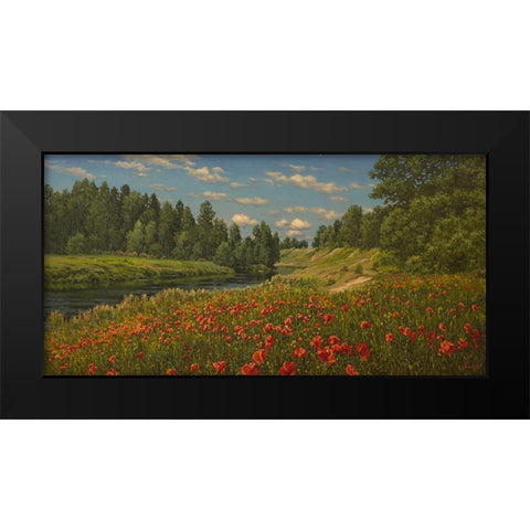 Poppies by the River Black Modern Wood Framed Art Print by Adamov, Alexey