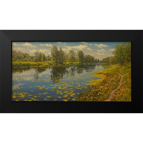 Water Lilies on the River Black Modern Wood Framed Art Print by Adamov, Alexey