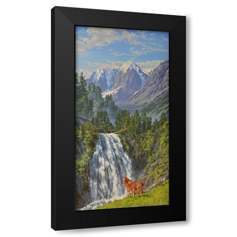 Horses by Waterfall in the Mountains Black Modern Wood Framed Art Print by Adamov, Alexey
