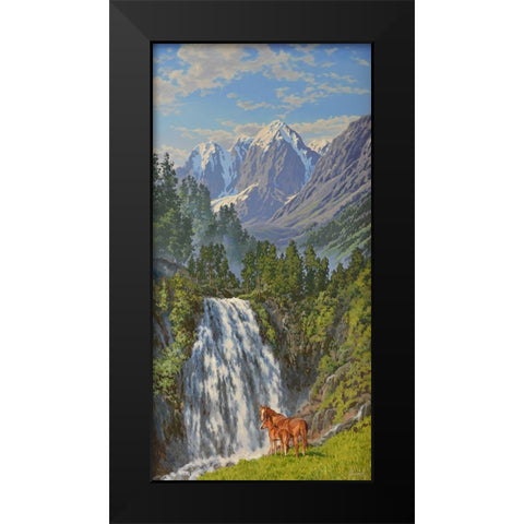 Horses by Waterfall in the Mountains Black Modern Wood Framed Art Print by Adamov, Alexey