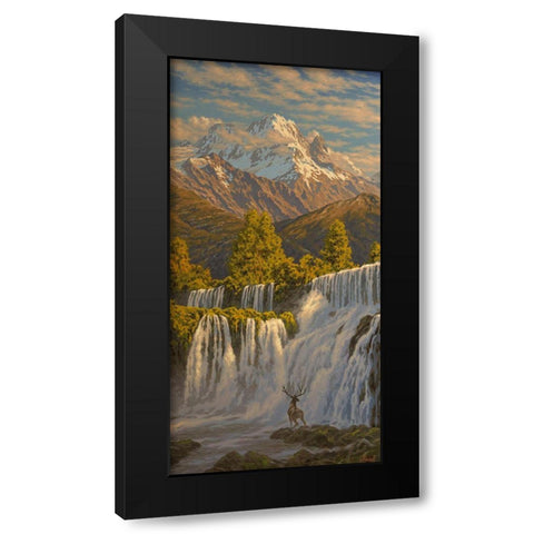 Deer by Waterfall in the Mountains Black Modern Wood Framed Art Print with Double Matting by Adamov, Alexey