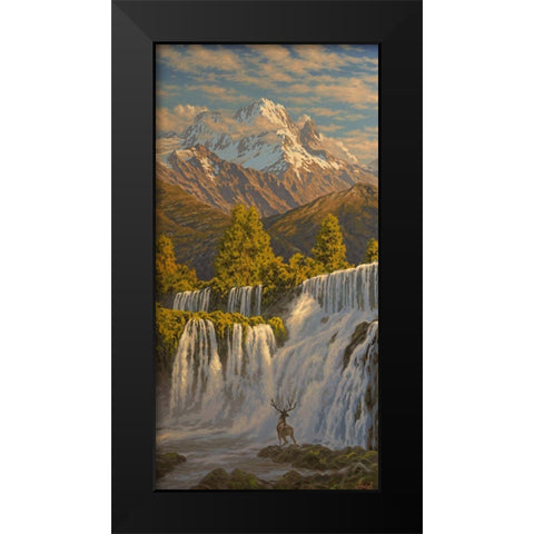 Deer by Waterfall in the Mountains Black Modern Wood Framed Art Print by Adamov, Alexey