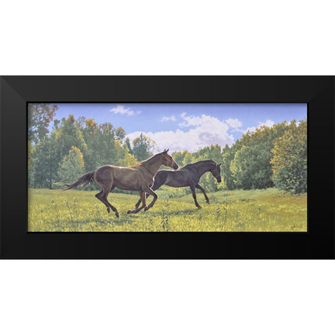 Running Horses Black Modern Wood Framed Art Print by Adamov, Alexey