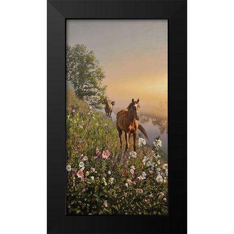 Horses by River Don Black Modern Wood Framed Art Print by Adamov, Alexey