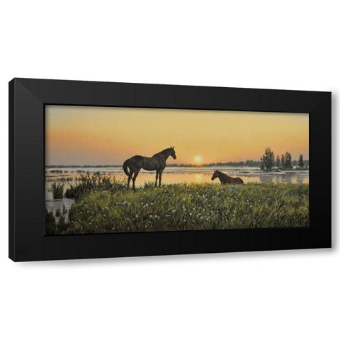 Horses by Sunrise Black Modern Wood Framed Art Print with Double Matting by Adamov, Alexey
