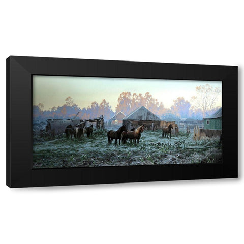 Horses in old Village Black Modern Wood Framed Art Print with Double Matting by Adamov, Alexey