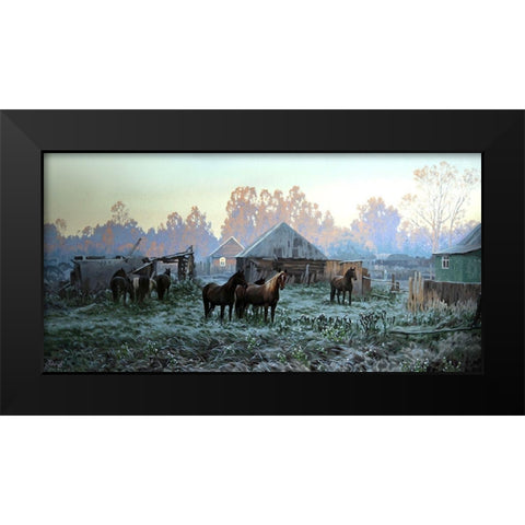 Horses in old Village Black Modern Wood Framed Art Print by Adamov, Alexey