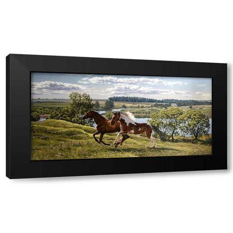 Horses by River Volga Black Modern Wood Framed Art Print with Double Matting by Adamov, Alexey