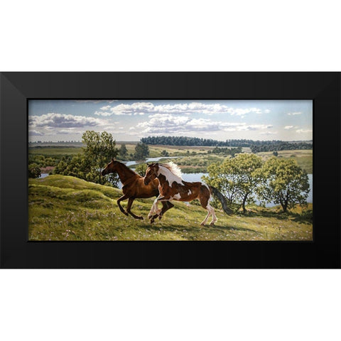 Horses by River Volga Black Modern Wood Framed Art Print by Adamov, Alexey