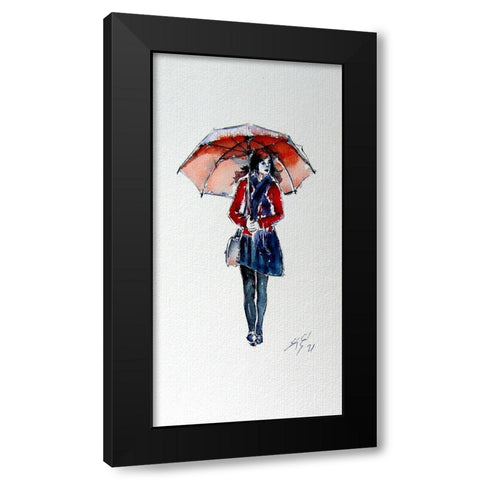 Walking Girl with Umbrella Black Modern Wood Framed Art Print with Double Matting by Kovacs, Anna Brigite