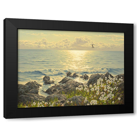 White Flowers by the Sea Black Modern Wood Framed Art Print by Adamov, Alexey