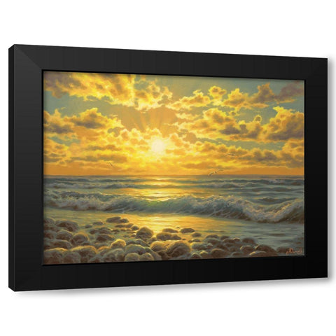 Sunset over the  Sea with Seagulls Black Modern Wood Framed Art Print with Double Matting by Adamov, Alexey