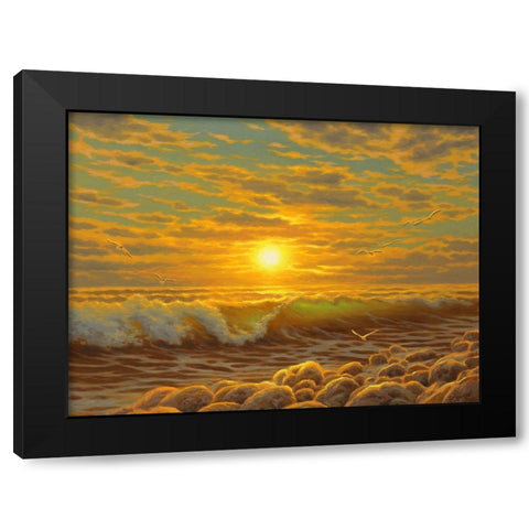 Sunset over the  Sea with Seagulls II Black Modern Wood Framed Art Print by Adamov, Alexey
