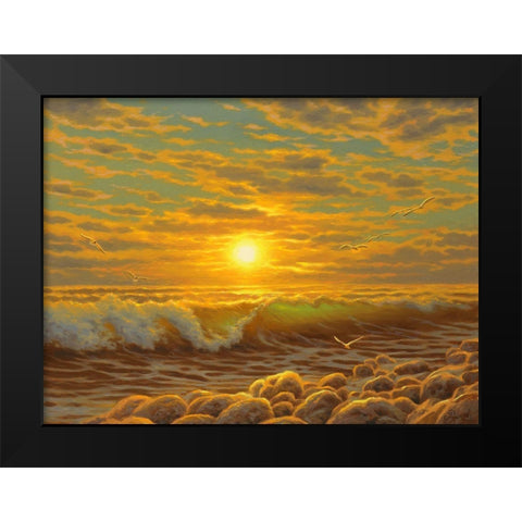 Sunset over the  Sea with Seagulls II Black Modern Wood Framed Art Print by Adamov, Alexey