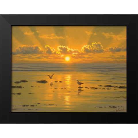 Sunset over the  Sea with Seagulls III Black Modern Wood Framed Art Print by Adamov, Alexey