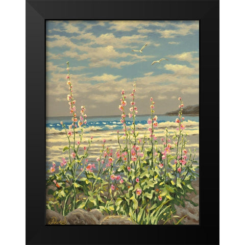 Pink Flowers by the Sea Black Modern Wood Framed Art Print by Adamov, Alexey