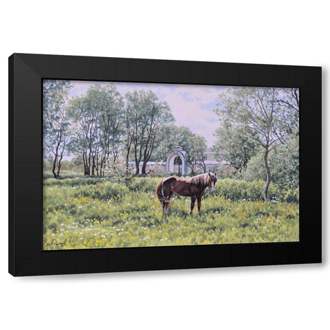 Village with a Horse Black Modern Wood Framed Art Print with Double Matting by Adamov, Alexey