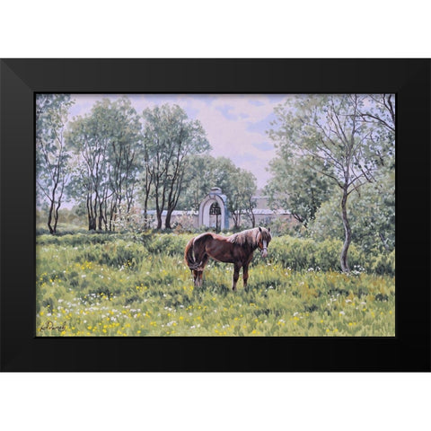 Village with a Horse Black Modern Wood Framed Art Print by Adamov, Alexey