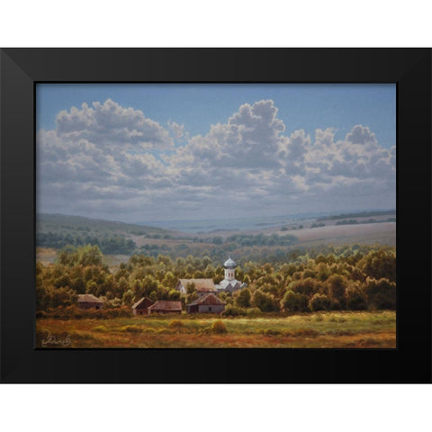 Landscape with a Churche Black Modern Wood Framed Art Print by Adamov, Alexey
