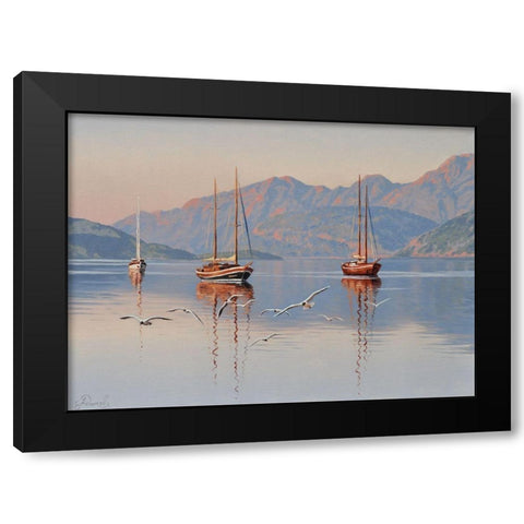 Yacht and Seagulls Black Modern Wood Framed Art Print with Double Matting by Adamov, Alexey