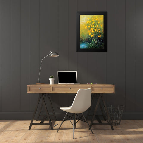 Yellow Flowers Black Modern Wood Framed Art Print by Fasani