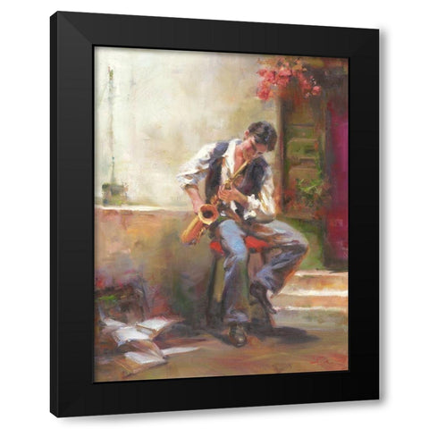 A Boy with Trumpet Black Modern Wood Framed Art Print with Double Matting by Noches, Fernando