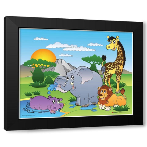Happy African Animals Black Modern Wood Framed Art Print by Viskova, Klara