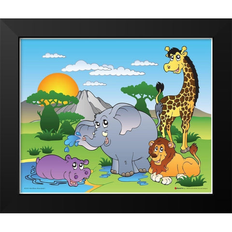Happy African Animals Black Modern Wood Framed Art Print by Viskova, Klara
