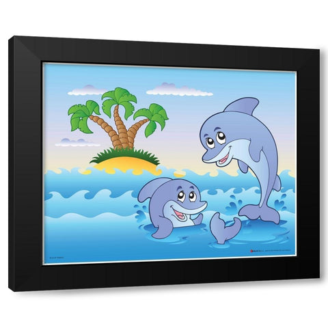 Happy Dolphins Black Modern Wood Framed Art Print with Double Matting by Viskova, Klara