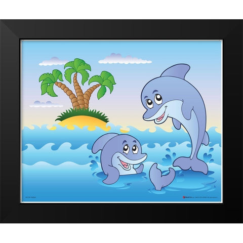Happy Dolphins Black Modern Wood Framed Art Print by Viskova, Klara