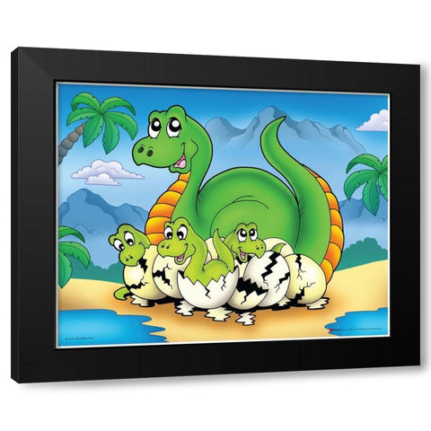 Lucky Dinosaur with Babes Black Modern Wood Framed Art Print by Viskova, Klara