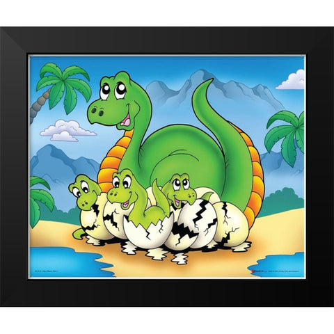 Lucky Dinosaur with Babes Black Modern Wood Framed Art Print by Viskova, Klara